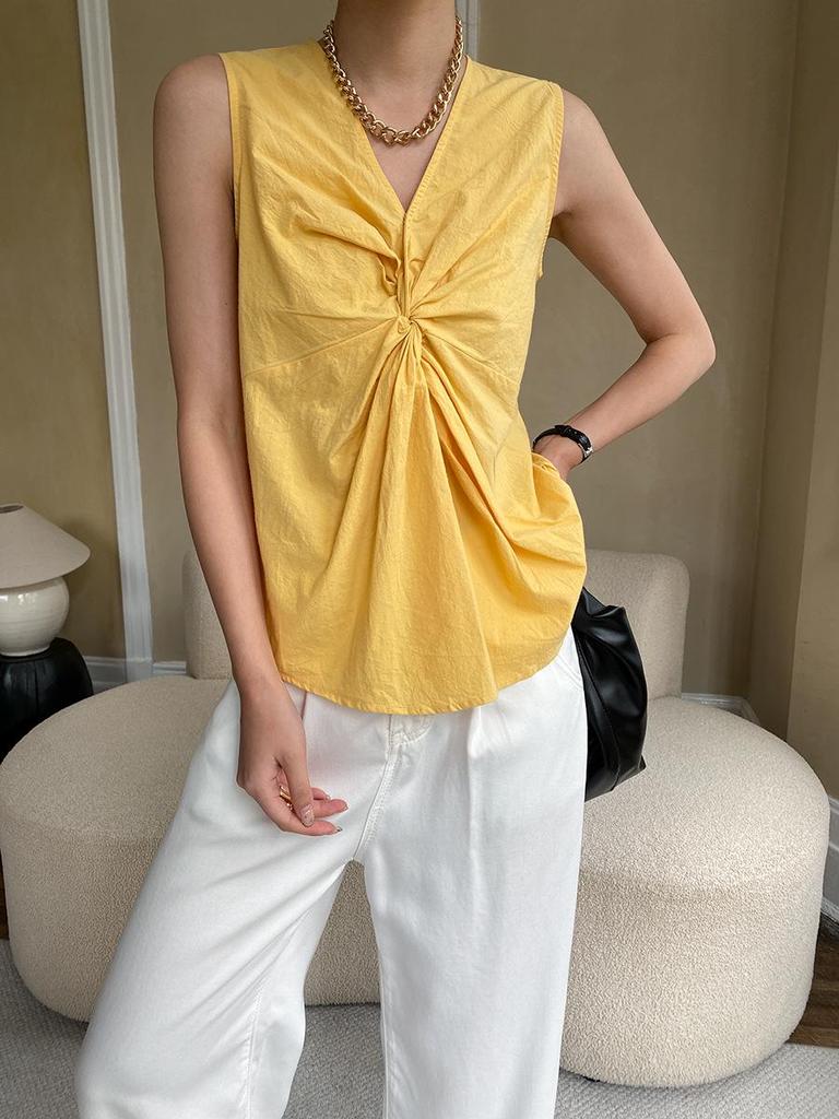 Sinan 3D Twisted French Pleated V-Neck Slim Sleeveless Vest SN3737