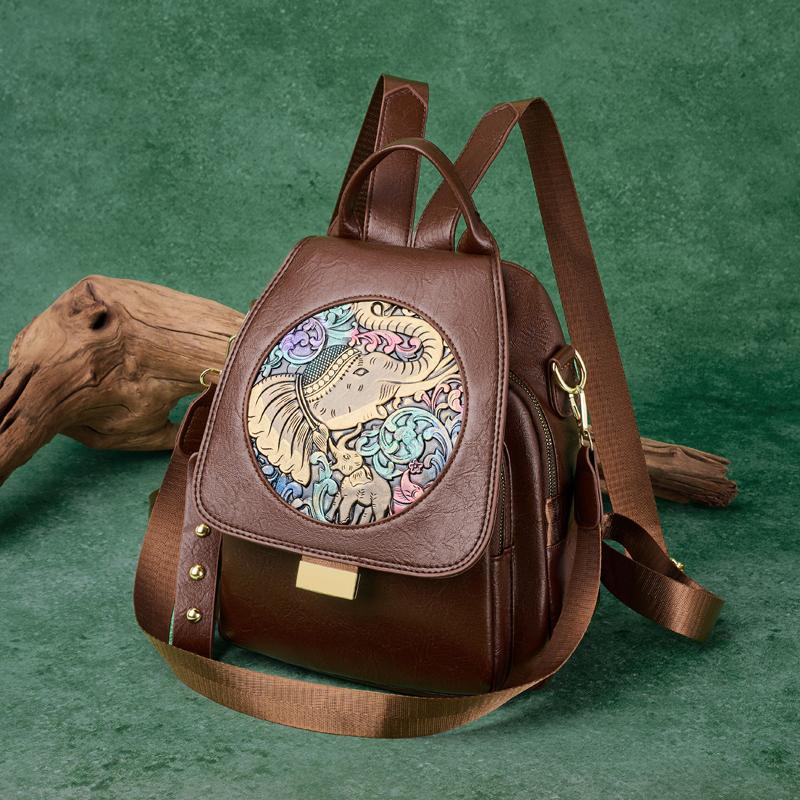 Elephant Embossing Pu Backpack Lightweight Multi-Functional Anti-Theft Backpack Multi-Functional Shoulder Bag