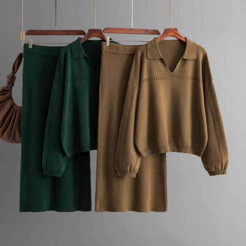Autumn and Winter New Knit Sweater Set POLO Collar Ladies Simple Trend V-neck Solid Color Loose Slim Dress