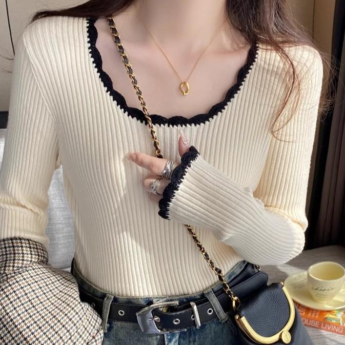 Сексуальный тонкий свитер для женщин, однотонный внутренний пуловер, осенний тонкий трикотажный свитер с длинными рукавами, повседневный трендовый свитер