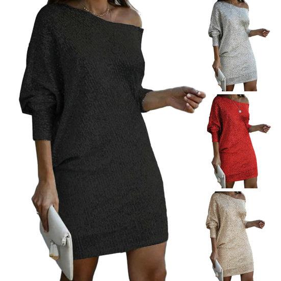 Women Evening Dress Shiny Sequin Slant Neck One Shoulder Three Quarter Sleeve Loose Above Knee Mini Dress Prom Party Dress