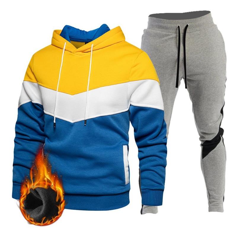 2024 Hooded Pullover Sweatshirt Pants Set Contrast Color Hooded Winter Men's Sportswear Sports 2-piece Set Men's Jogging Sweatshirt Set