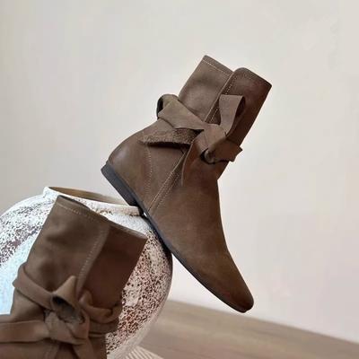 Винтажный дизайн, ботильоны с бантом, мягкая подошва, нескользящие челси, французские черные замшевые ботильоны на плоской подошве, повседневный комфорт, женская обувь