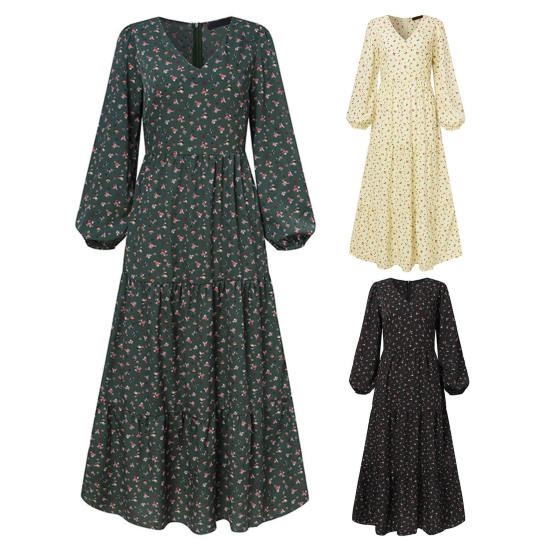 Платье с V-образным вырезом и цветочным принтом, трапециевидной формы, свободный подол, пуловер с длинными рукавами-фонариками, плиссированное женское платье макси с высокой талией