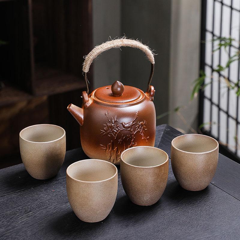 Coarse pottery tea set, household ceramic Kung Fu teacup, beam pot, teacup fireplace tea with gift box.