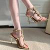 New Open-toed Pointed Gem Rhinestone Chain Patent Leather One-word Strap Sandals Women's Summer Crystal Stiletto High Heels