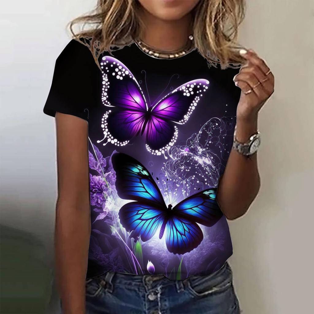 2025 Fashion Women's T-shirt 3d Butterfly Print Round Neck Short-sleeved T-shirt Luxury Women's T-shirt Oversized Girl Clothing