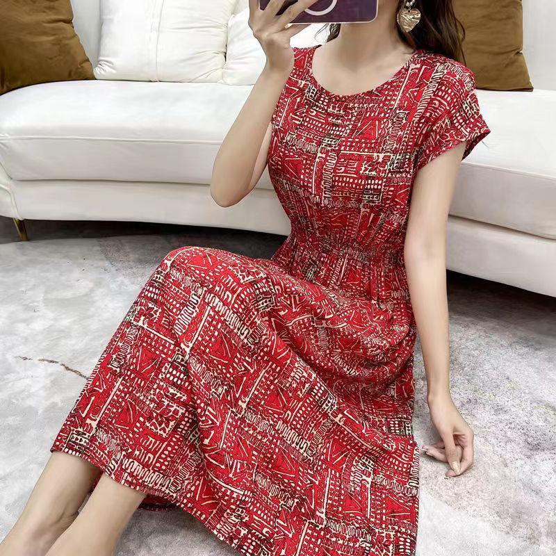 Летнее платье из хлопка и шелка в этническом стиле с цветочным принтом, модное элегантное платье больших размеров с короткими рукавами и средней длиной
