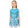Complete 70s Disco Costume Set for Kids Girls: Shiny Metallic Top with Chest Tassels & Tiered Ruffle Shorts, 2-Piece Outfit