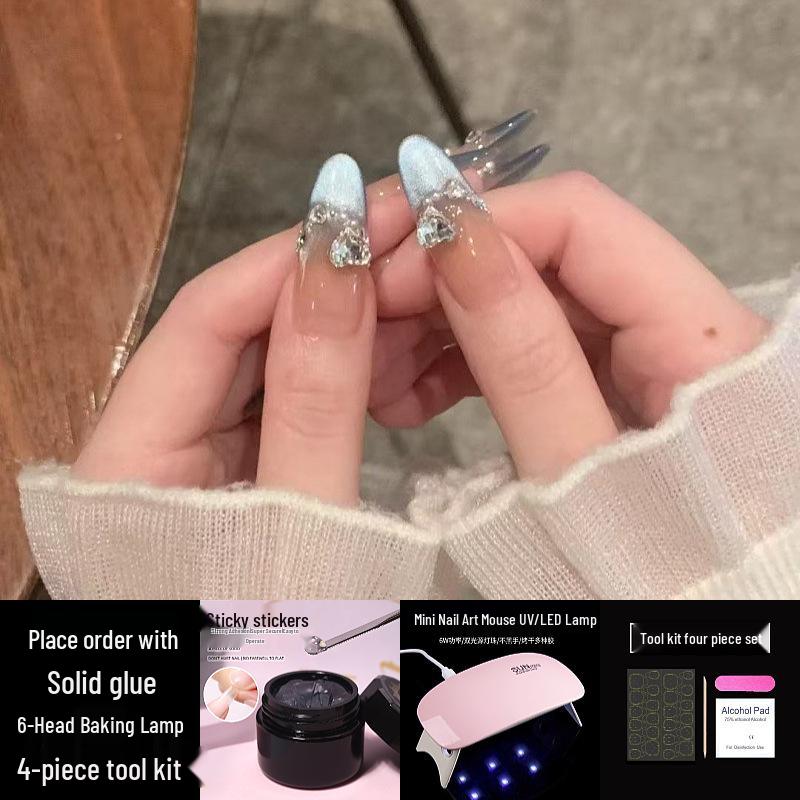 Носимый нейл-арт ручной работы: Жидкий гель-лак "Кошачий глаз" French Blue с УФ/LED, Набор самоклеящихся накладных типс для ногтей.