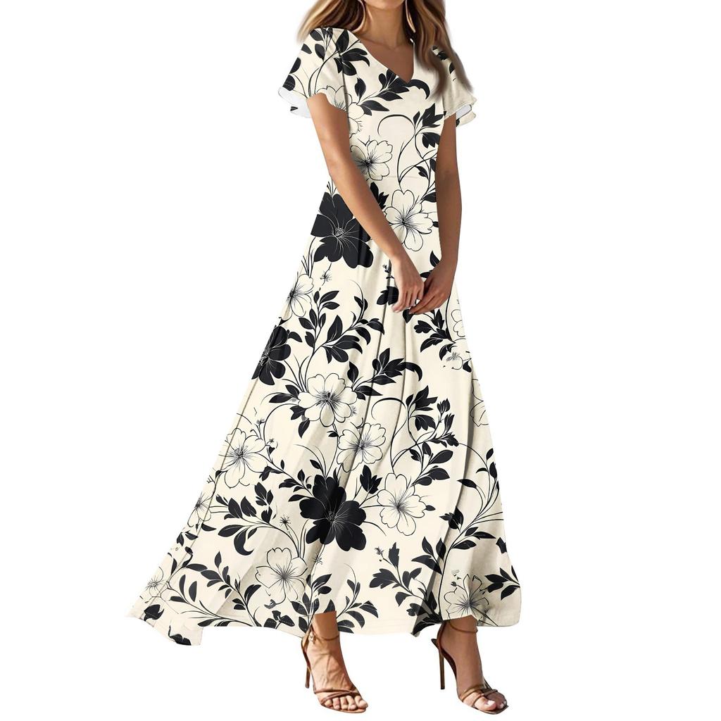 Women's Casual Fashion Print Long Dresses V-Neck Short Sleeve Dresses