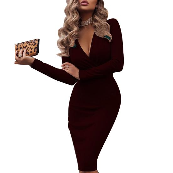 Модное женское однотонное облегающее банкетное платье миди с длинными рукавами и V-образным вырезом