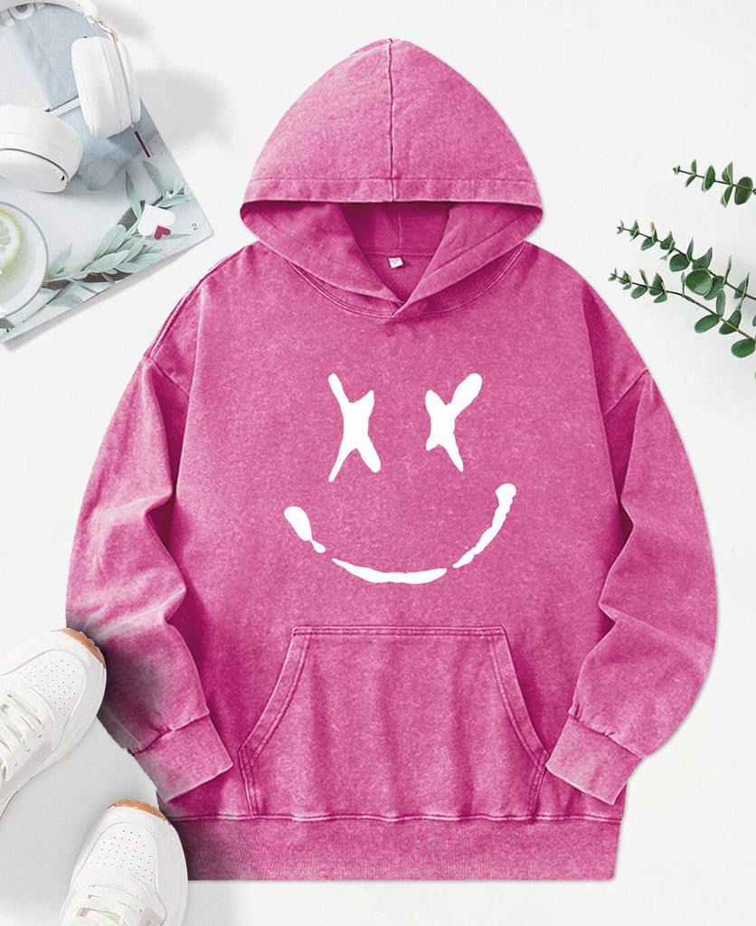Creative Smiling Printed Washed Hoodies Women Hip Hop Cotton Streetwear Autumn Fashion Clothes Casual Hoody