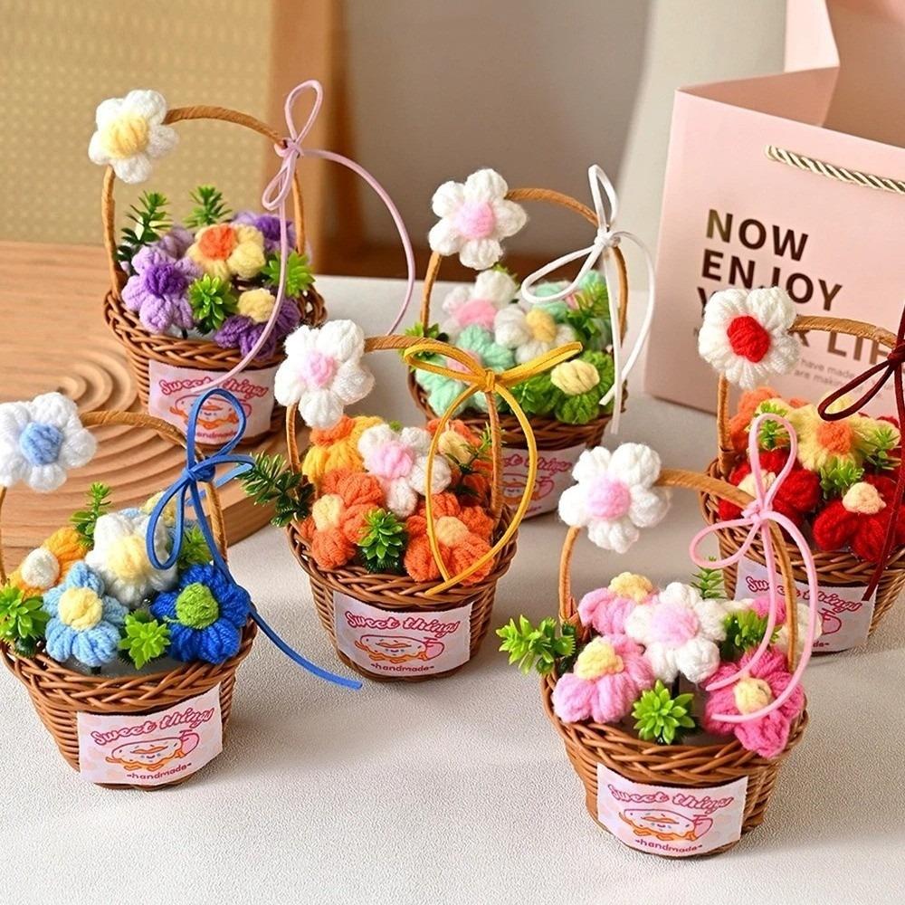 Handmade Knitted Flower Basket Home Decor Decorative Potted Plant Crochet Flower Bouquet Birthday