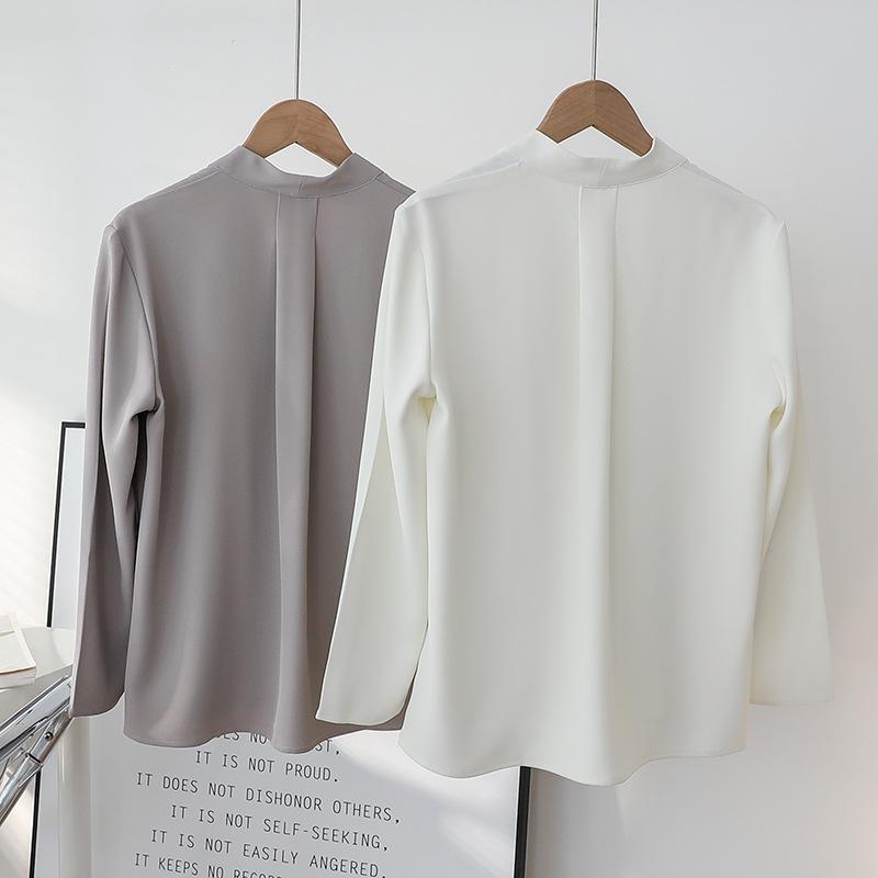 Spring and Autumn New Light Neck French Long Sleeve Shirt Female Professional Diligent Interview Grey White Top Female