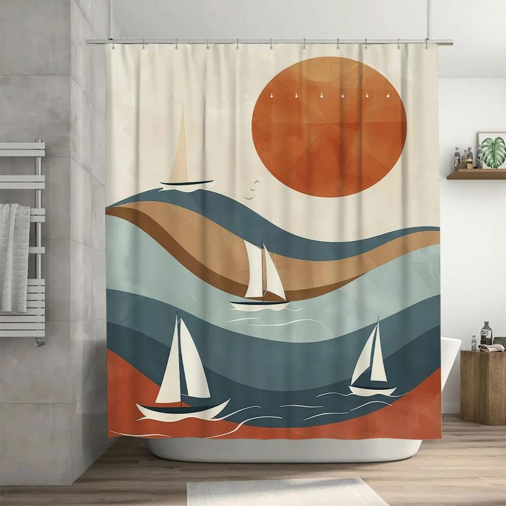 Vivid Ocean Sunset Sailboat Shower Curtain Blue Gray White Decorative Bath Fabric Modern Home Bathroom Waterproof Liner for Kids