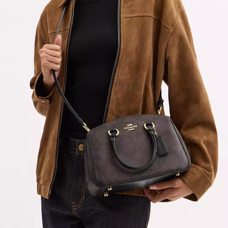 Coach Savannah 28 Adjustable Detachable Shoulder Strap Classic Logo Print Coated Canvas Tote Bag Large Women Tote Bags Walnut Black CAL53-IMXAQ