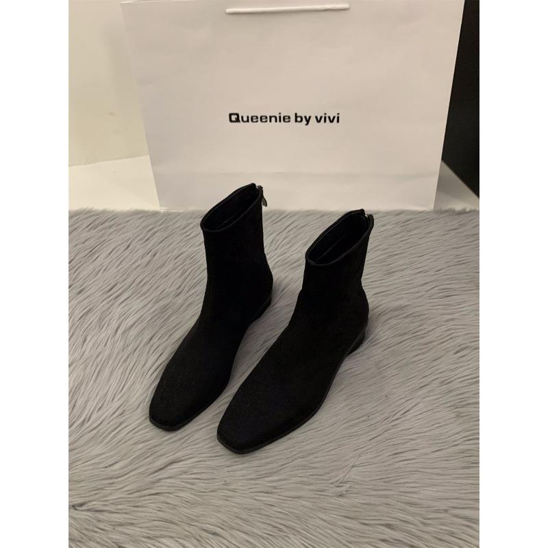 Грубая подошва Замша Маленькие ботильоны Квадратный носок Узкие ботинки Женская обувь Осень и Зима Флис Коричневые ботинки Мартинсы