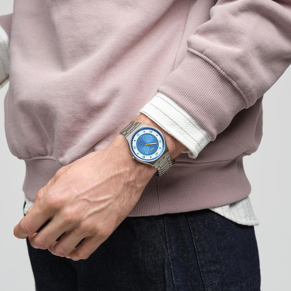 SWATCH Quartz Movement 30 Meters Waterproof Unisex Swiss Watch 42mm Blue Dial Stainless Steel Case Stainless Steel Strap SS07S143G