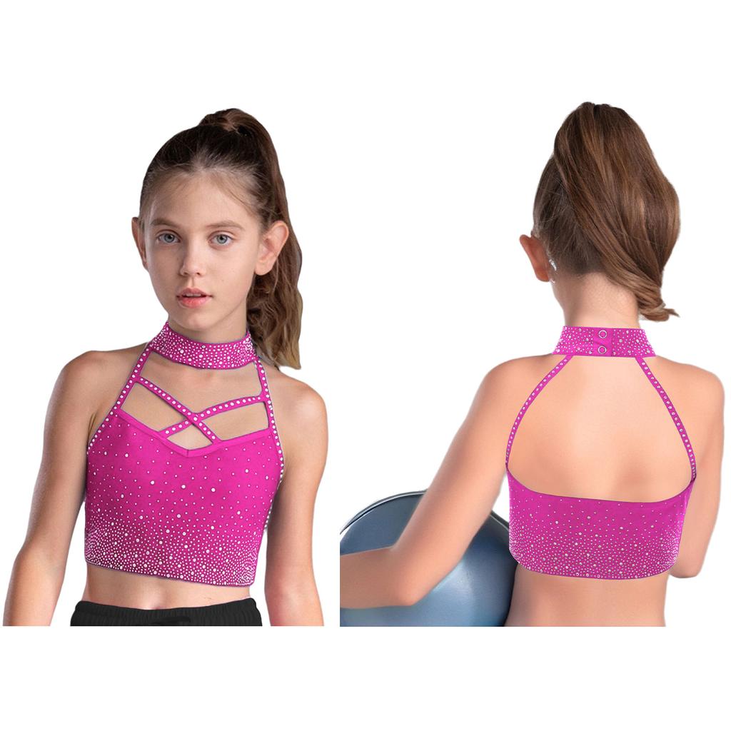 Girls Gymnastics Crop Top Halter Neck with Sparkling Rhinestones Cross Front Backless Dance Performance Costume