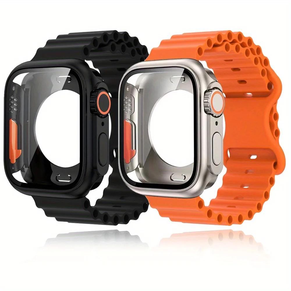 NEW Glass Case+Strap for Apple Watch Band 40 41 44 45 42 46mm Screen Protectors case for Apple IWatch Series 11 10 9 8 7 6 54