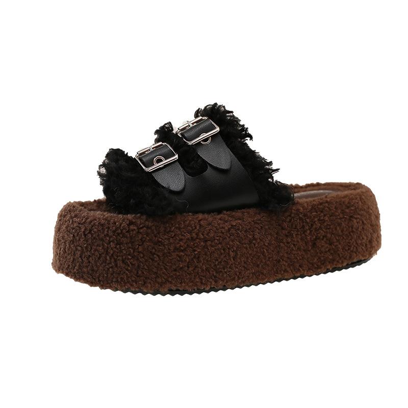 Женские тапочки Mao Mao на толстой подошве, уличная обувь 2025, новая осенне-зимняя модная обувь с плюшевой хлопковой подкладкой на ремешке с пряжкой, красная обувь Mao Mao