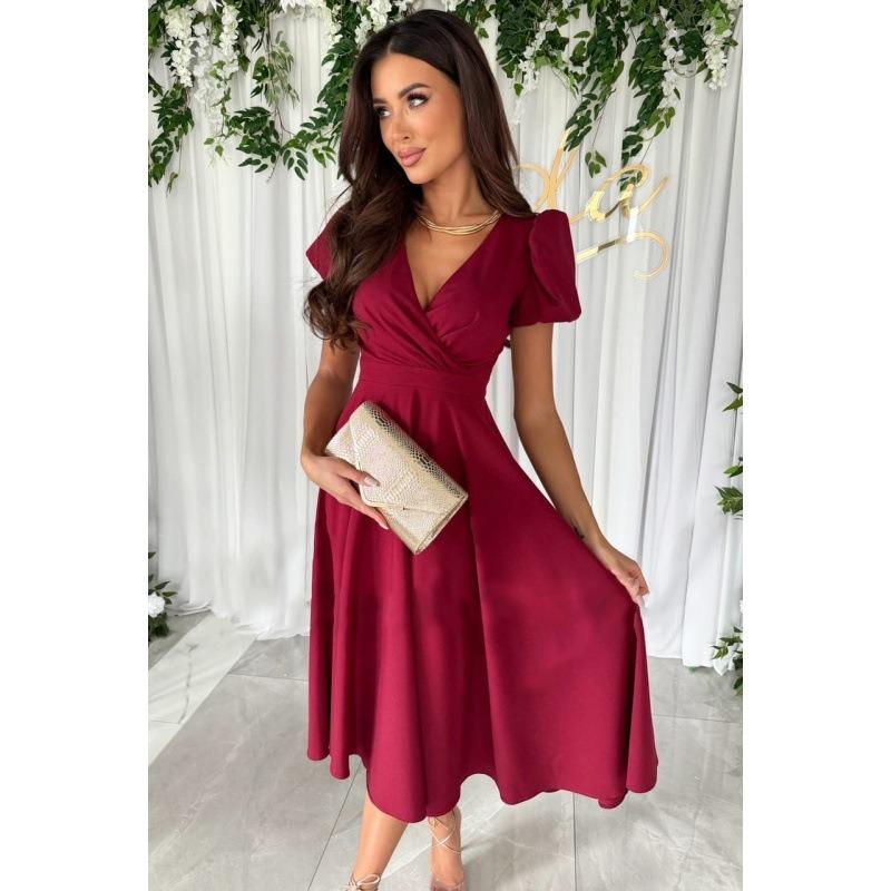 YYFS Women's Fashion Summer Spring Solid Color Print Short Sleeve V-Neck High Waist Casual Dresses