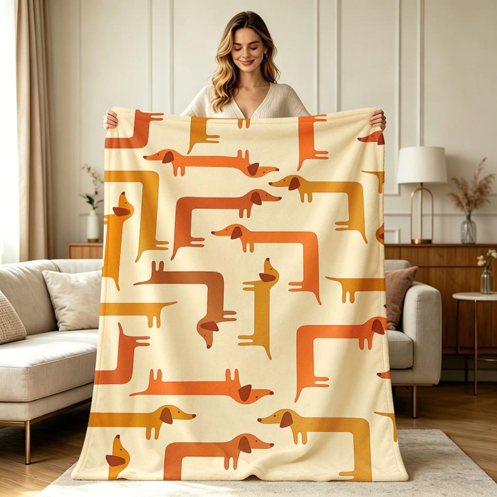 All-Season Warm Flannel Blanket with Cute Dachshund Geometric Print Soft Cozy Throw Blanket for Couch Bed Office Living Room Home Decor