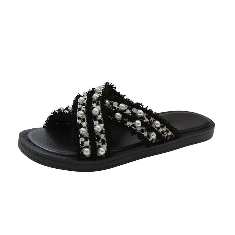 Summer Women's Pearl Flat One-shaped Sandals Slippers Home Casual Round Toe Cross Sandals Summer Women's Slippers Size 35-40