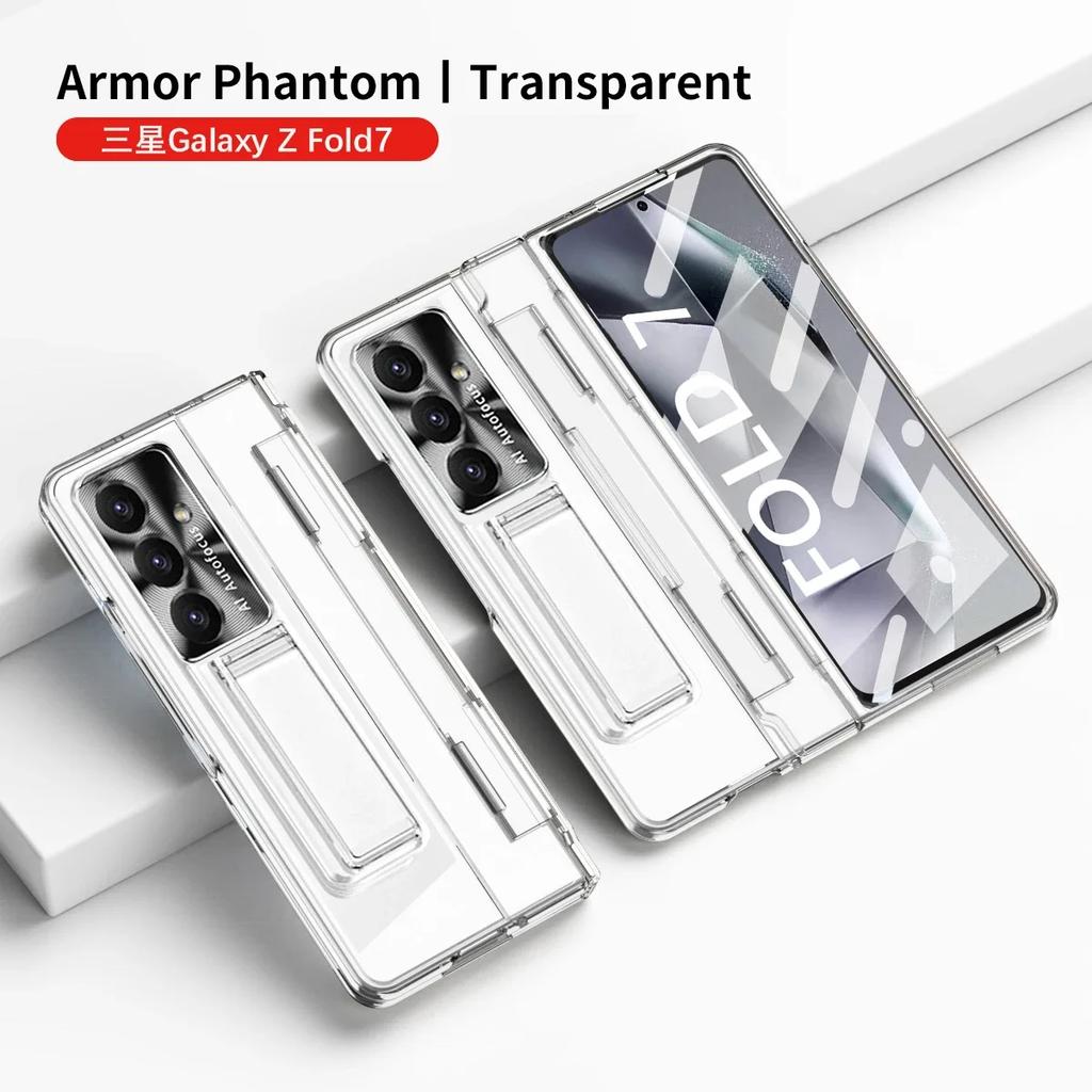 For Samsung Galaxy Z Fold 7 6Case Clear Electroplated Metal Lens Holder with Folding Hinge Tempered Film Optional Touch Pen Slot