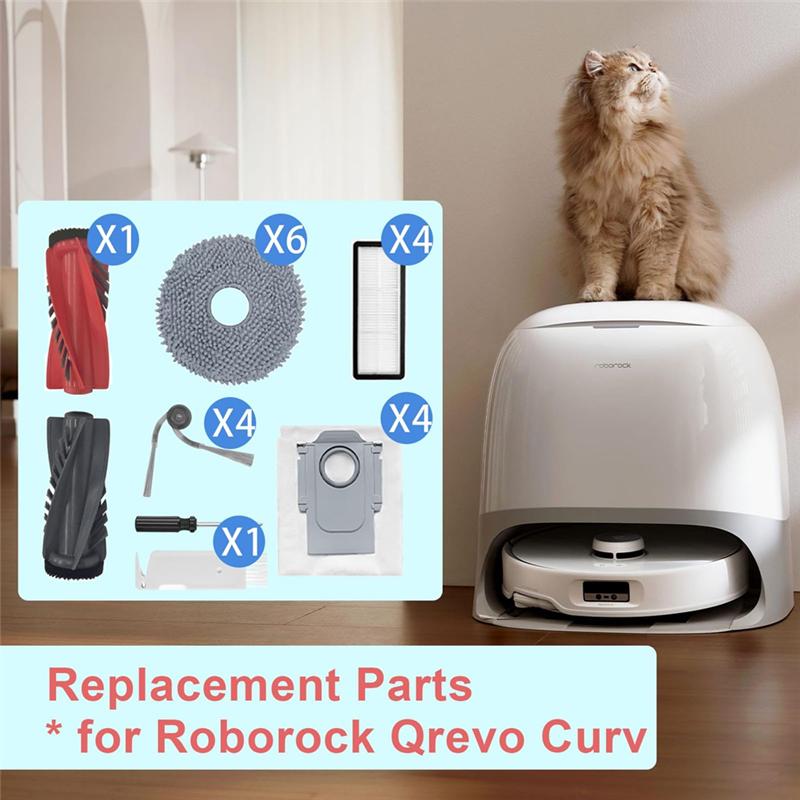 ABBP-Аксессуары для Roborock Qrevo Curv, Запасные части с основной щеткой, HEPA-фильтрами, Тряпками для мытья полов, Мешками для пыли, Боковыми щетками