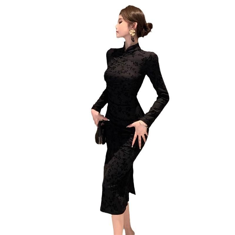 Женское ретро-платье в национальном стиле с темным жаккардовым узором в стиле ципао