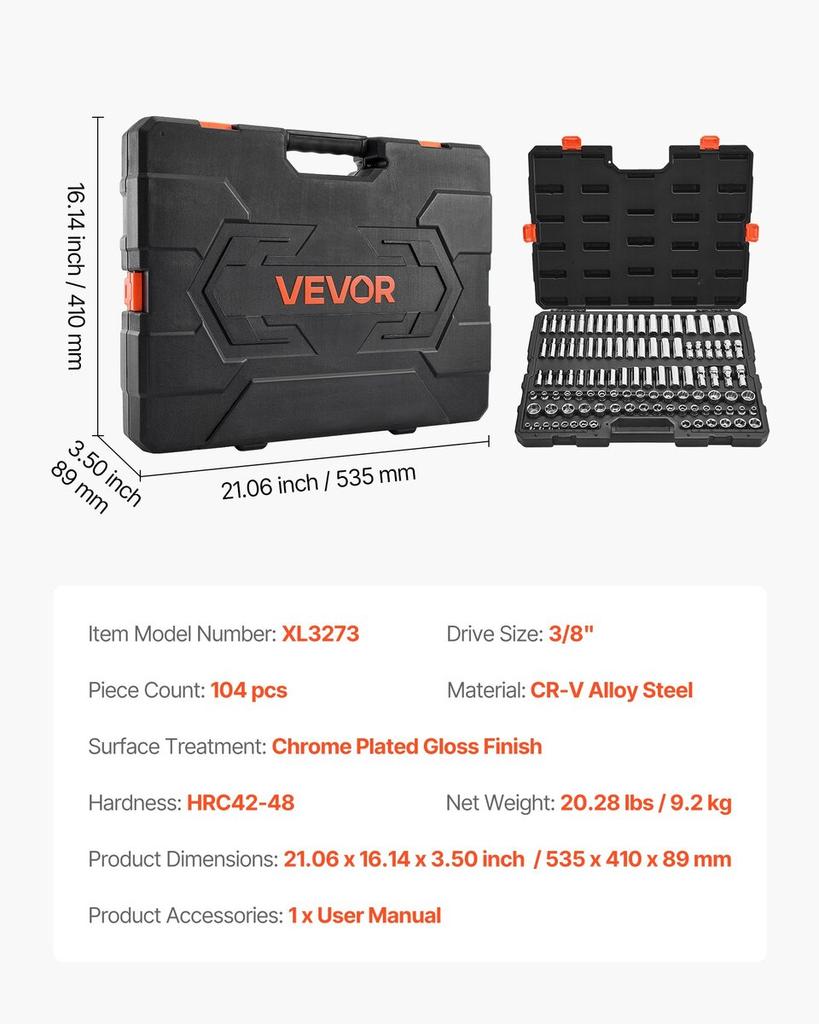 Socket Set, 104 Pieces, 9.5 mm Drive Socket Tool Set, Metric Size from 6 to 24 mm, Deep and Standard, Mechanic Tool Kit with Storage Case, Chrome