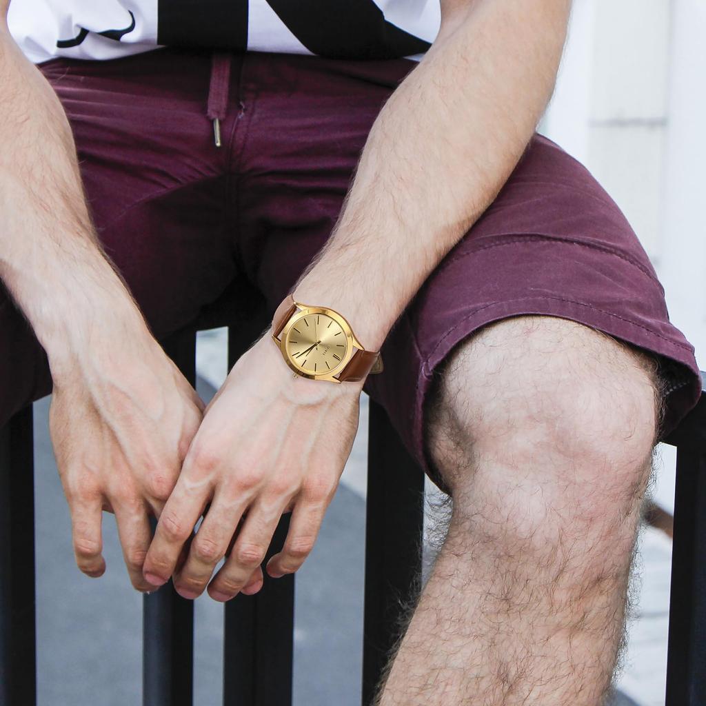 BUREI Men's Analog Quartz Watch, Waterproof, Popular, Slim, Simple, Stylish, Business, Casual, Leather Strap (Gold, Brown, Leather)