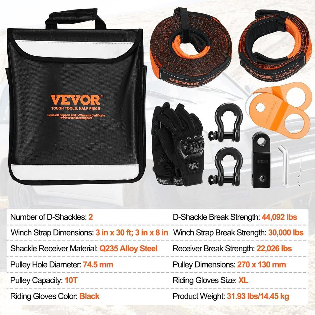 Off-Road Recovery Kit, 3" x 30', Heavy Duty Winch Recovery Kit with 30000 lbs Tow Straps, 44092 lbs D-Ring Shackles, Shackle Receiver, Snatch Block