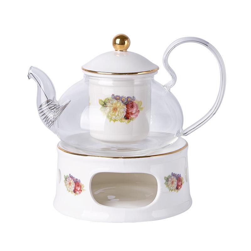 Легкий роскошный британский послеобеденный чайный сервиз со стеклянным цветочным чайником, керамической печью, подогревом свечей, заварочным чайником для замачивания фруктов