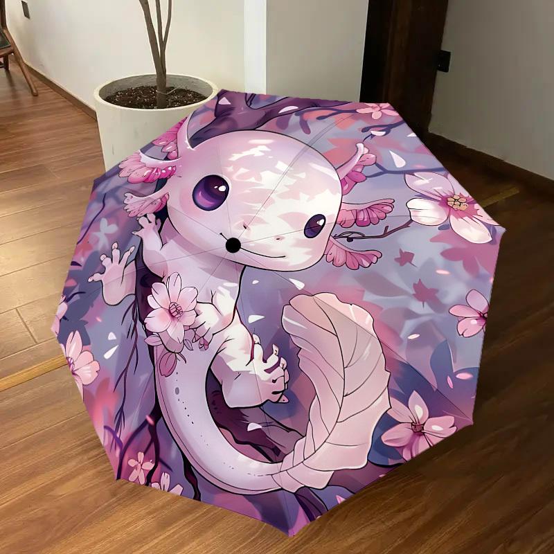 1PC Axolotl Sakura Automatic Open/Close Umbrella with Windproof, 8-Rib Sturdy Canopy, Durable Ribs, Fashionable Design, Outdoor Accessory, Fun Prin, H
