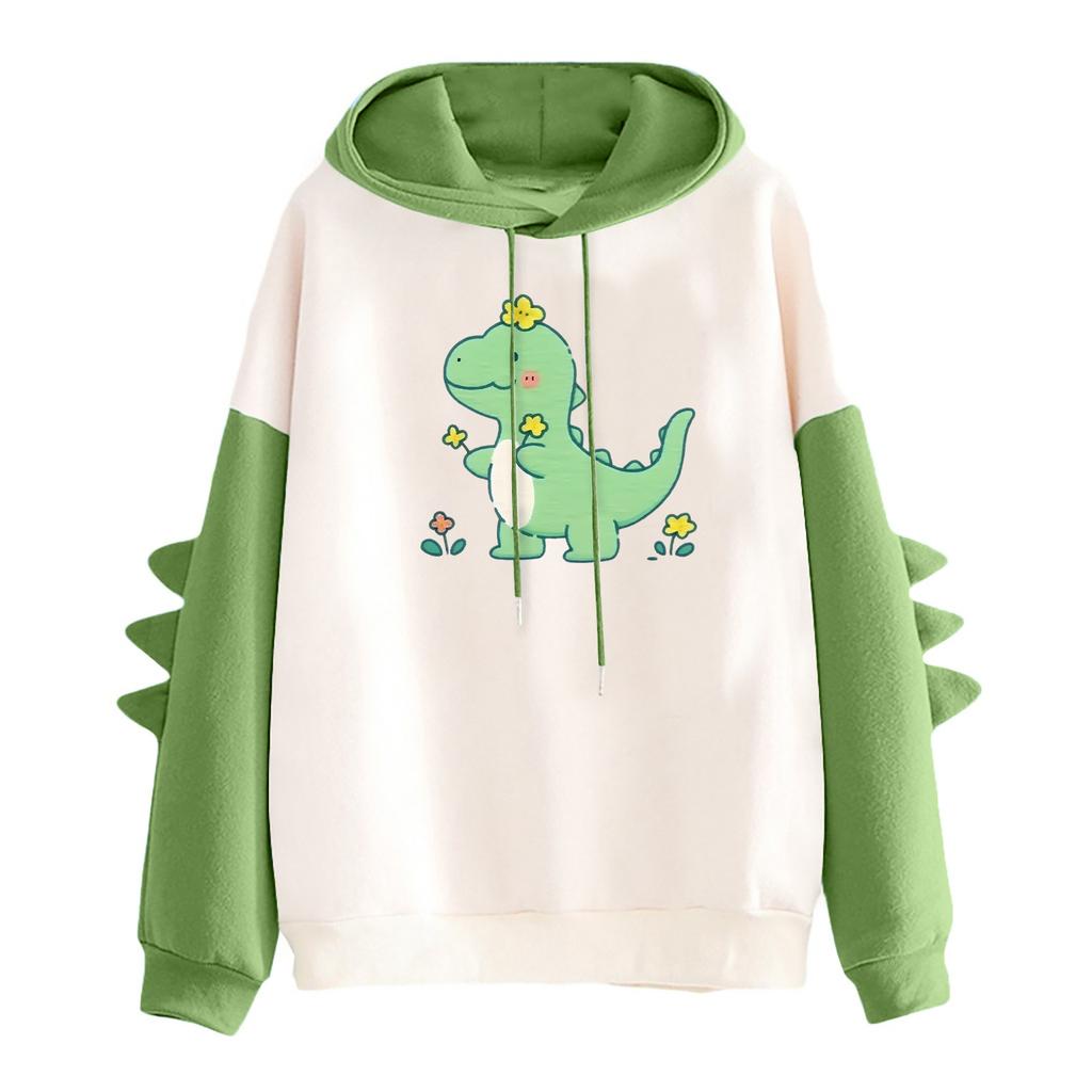 Women's Printed Contrasting Dinosaur Loose Casual Hoodie