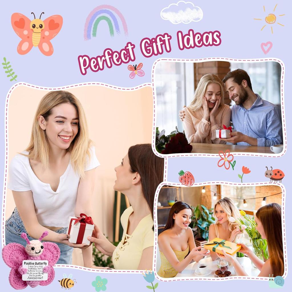 Crochet Positive Energy Butterfly Doll With Card Home Room Decoration Handmade Animal Knitted Butterfly Desktop Ornament Gifts