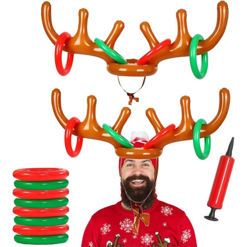 2 Pack Inflatable Reindeer Antler Ring Toss Game (2 Antlers 8 Rings) - PVC Material, Red and White - Christmas Party Game