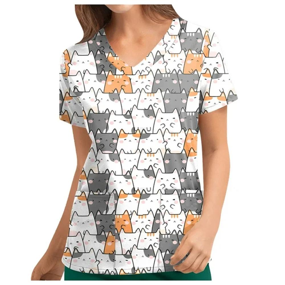 Летний топ с V-образным вырезом, женская рабочая униформа с принтом, рубашка с коротким рукавом, V-образный вырез, блузка, платье для медсестры, туника, униформа