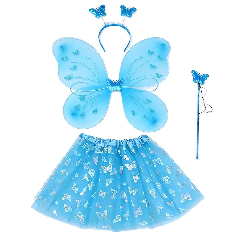 4Pcs/Set Fairy Princess Costume Butterfly Wings Puff Skirt Butterfly Wing Set Tutu Skirt Headband Angel Costume