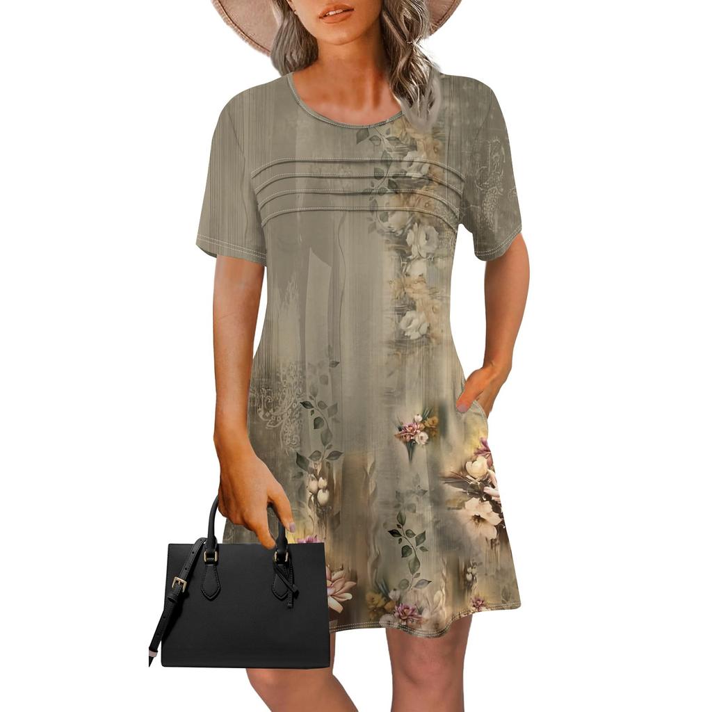 Женское летнее винтажное платье с цветочным принтом, повседневное платье с коротким рукавом и круглым карманом