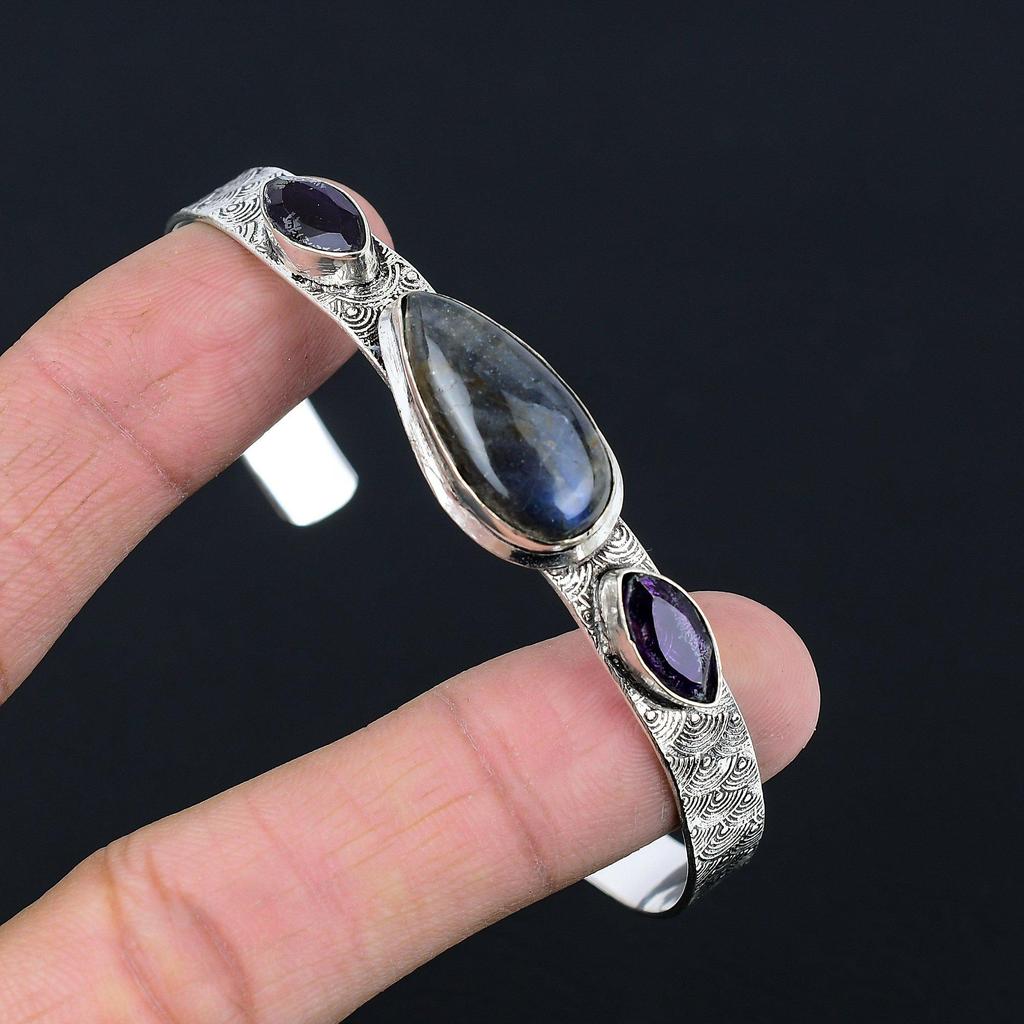 Daughters Day Deal Natural Labradorite Amethyst Sterling Silver Handmade Bangle