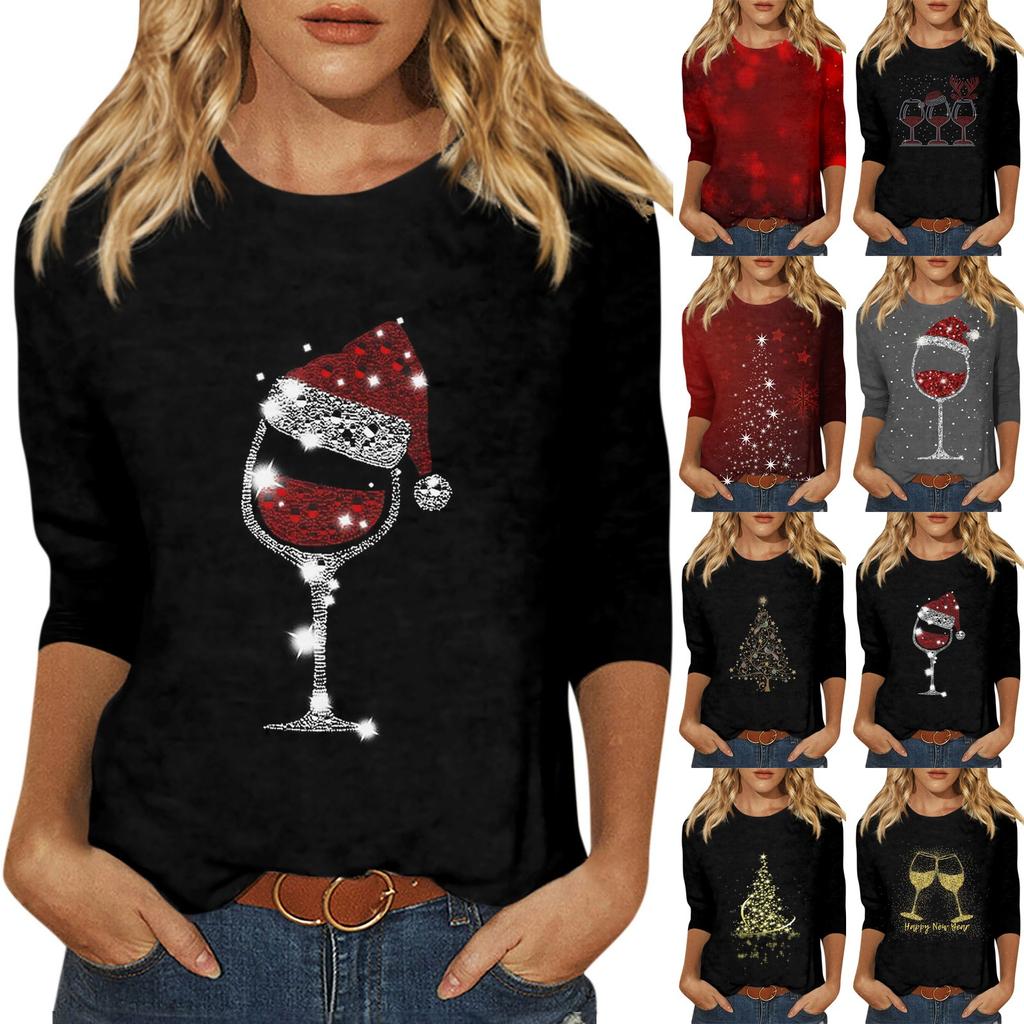 Women's Fashion Casual Round Neck 3/4 Sleeve Loose Christmas Printed T-Shirt Ladies Top