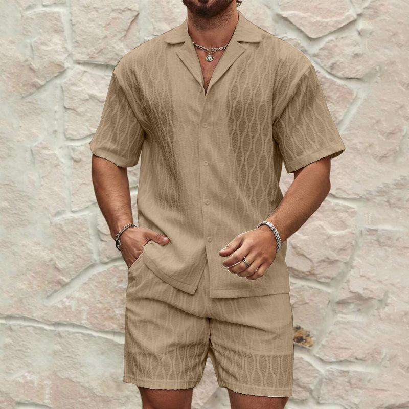 Summer Men's Casual Daily Outdoor Travel Solid Jacquard Lapel Short-sleeved Shirt Drawstring Shorts Two-piece Set