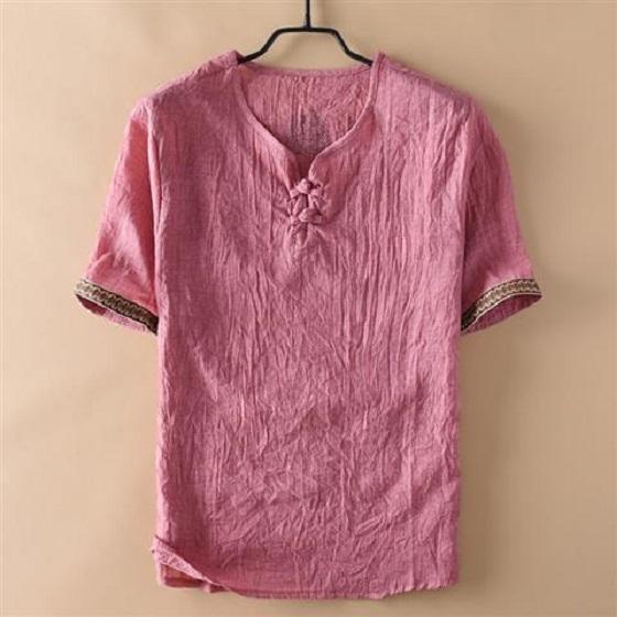 Футболка с короткими рукавами из искусственного льна с пряжкой в китайском стиле, тонкая повседневная мужская футболка из искусственного хлопка и льна со складками