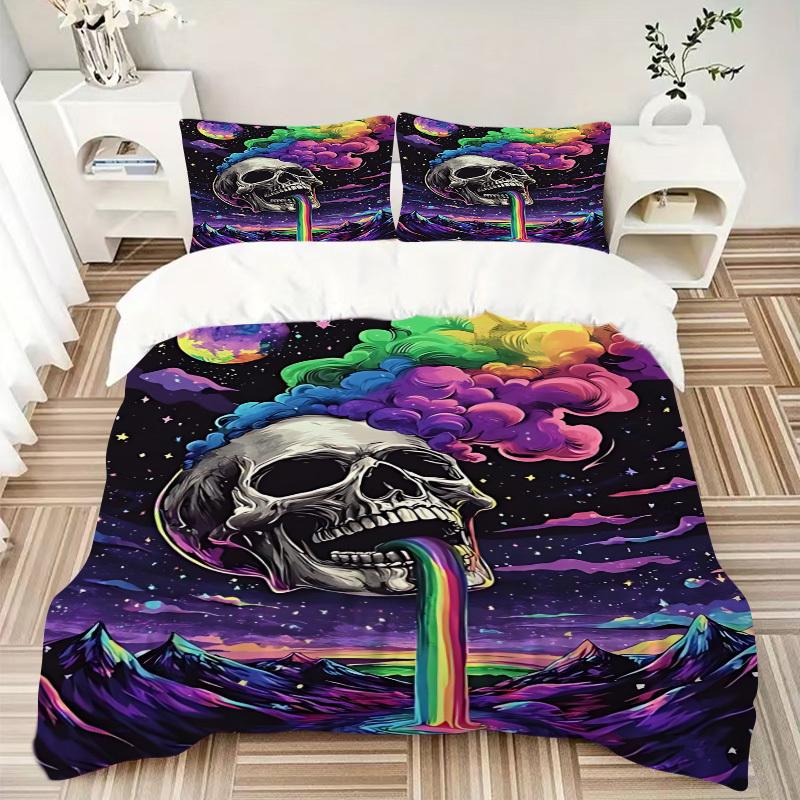 3pcs bedding set Skull Rainbow Includes 1 Comforter + 2 Pillowcases, Without Pillow Inserts, Soft Comfortable,a0909126