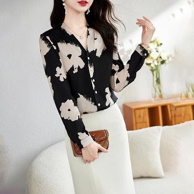 Модный дизайн шелковая двойная крепдешиновая рубашка с принтом женская весенняя новая с V-образным вырезом темпераментная с длинным рукавом из шелка тутового дерева рубашка топ