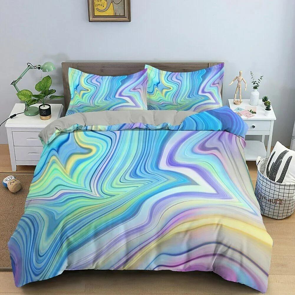 3D Modern Pastel Rainbow Marble Comfortable Duvet Quilt Cover Pillowcase Bedding Set Children Bedroom Decoration Home Textile
